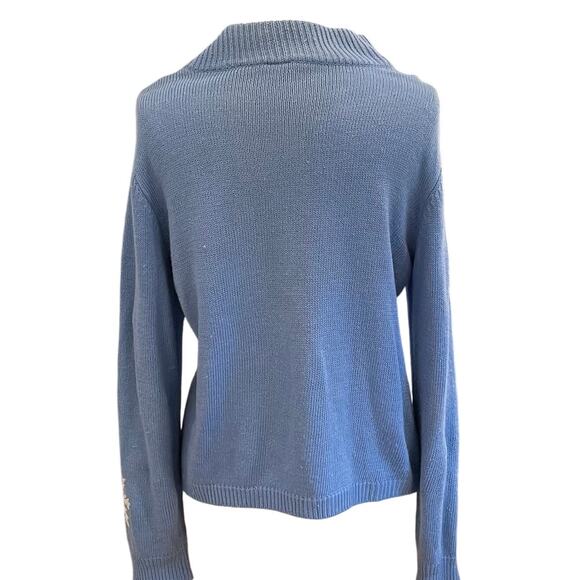 Light Blue Ramie Blend Zip Up Sweater Jacket White Embroidered Snowflakes, L - Picture 4 of 10
